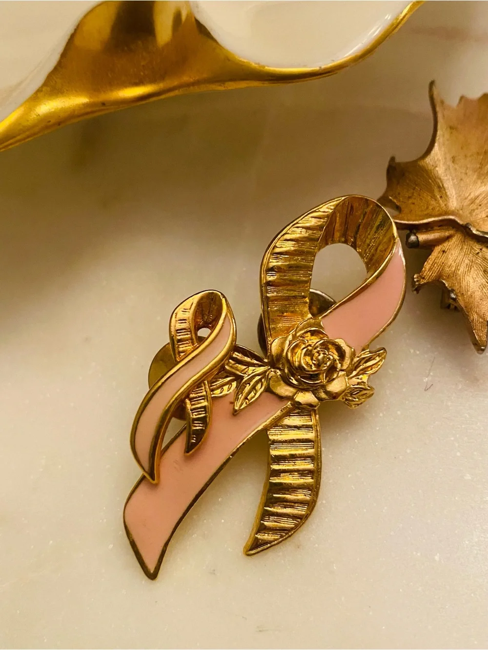 Bundle of Gold-Tone Vintage Brooches – Pink Ribbon, Pink Ribbon & Rose, & Leaf